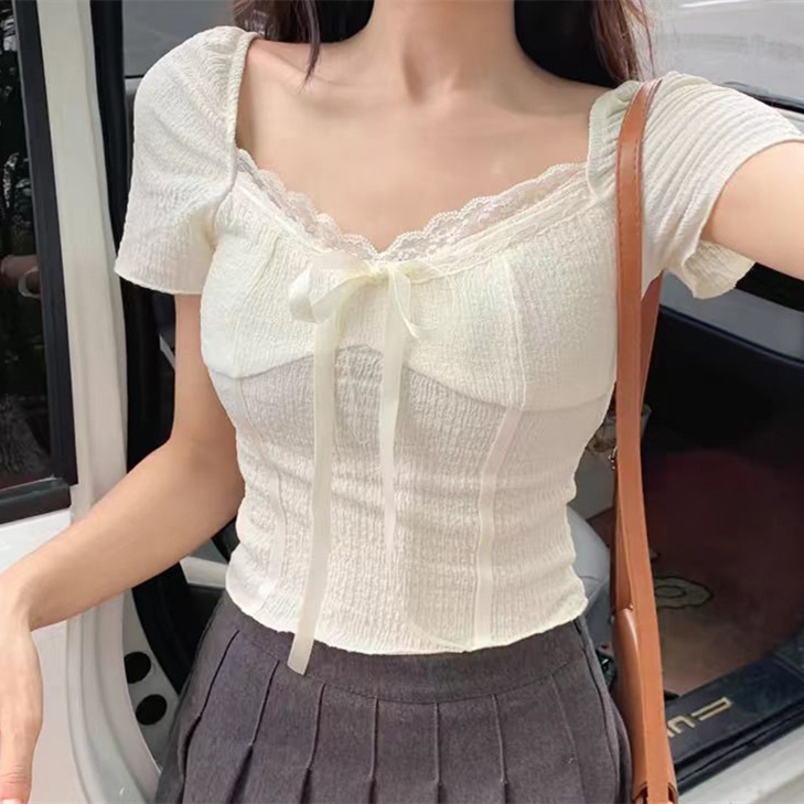 Beige Corset Blouse with Lace and Bow Details