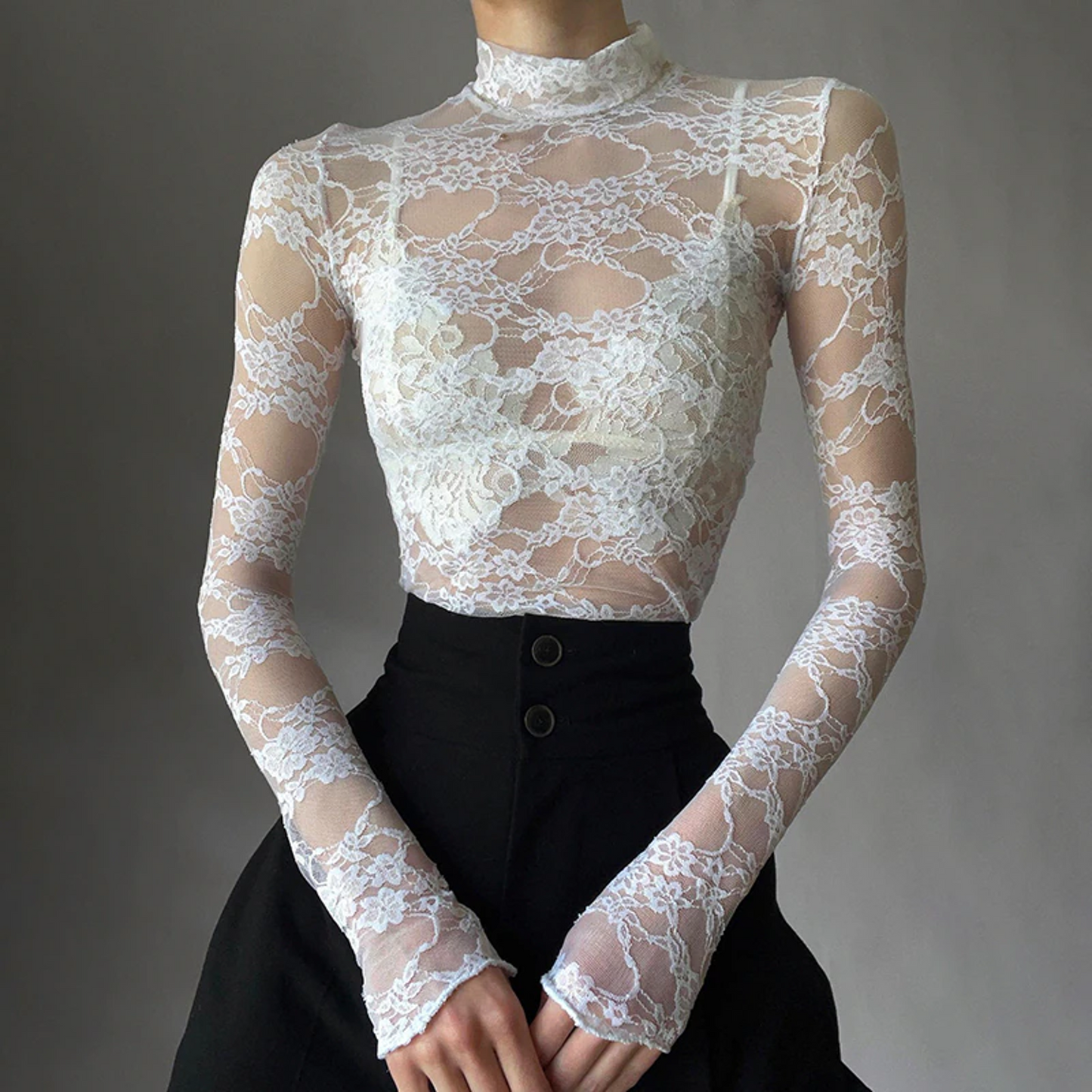 Turtleneck See Through Lace Blouse