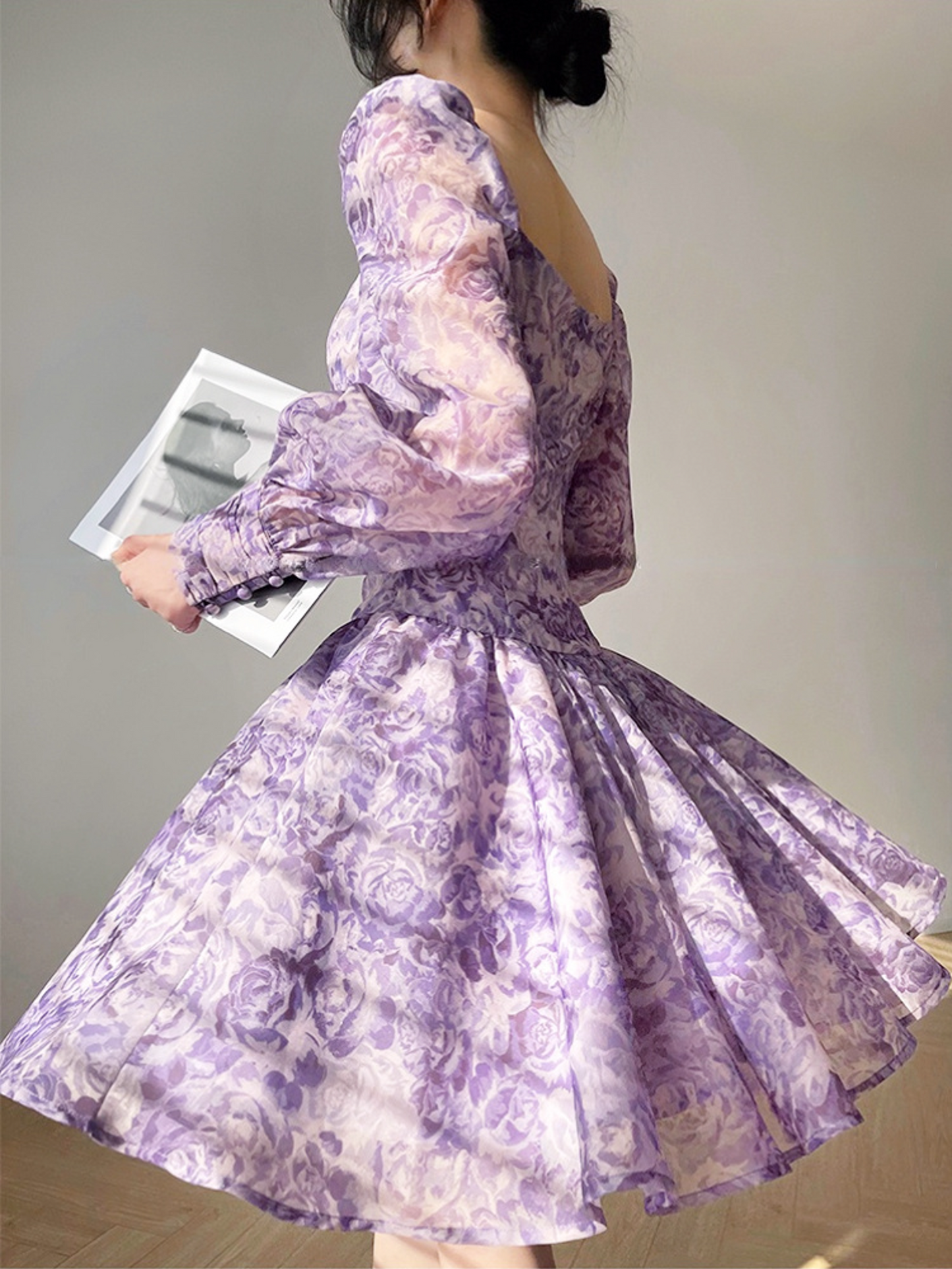 Chiffon Lavender Floral Lantern Sleeve Mini Purple Party Dress