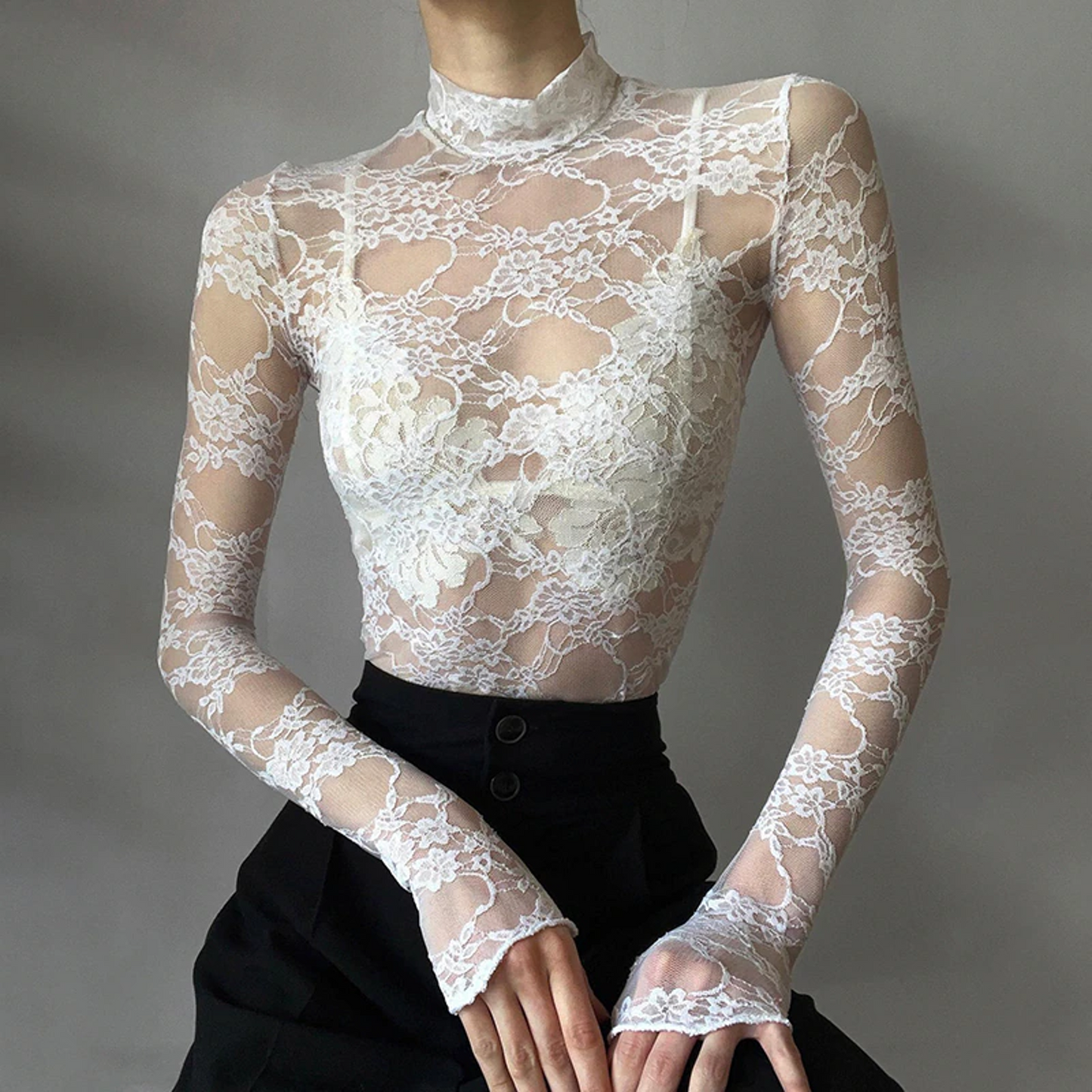 Turtleneck See Through Lace Blouse