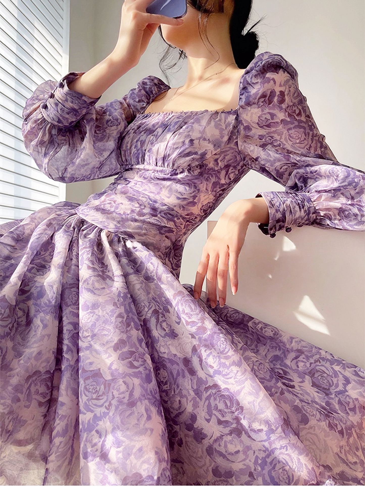 Chiffon Lavender Floral Lantern Sleeve Mini Purple Party Dress