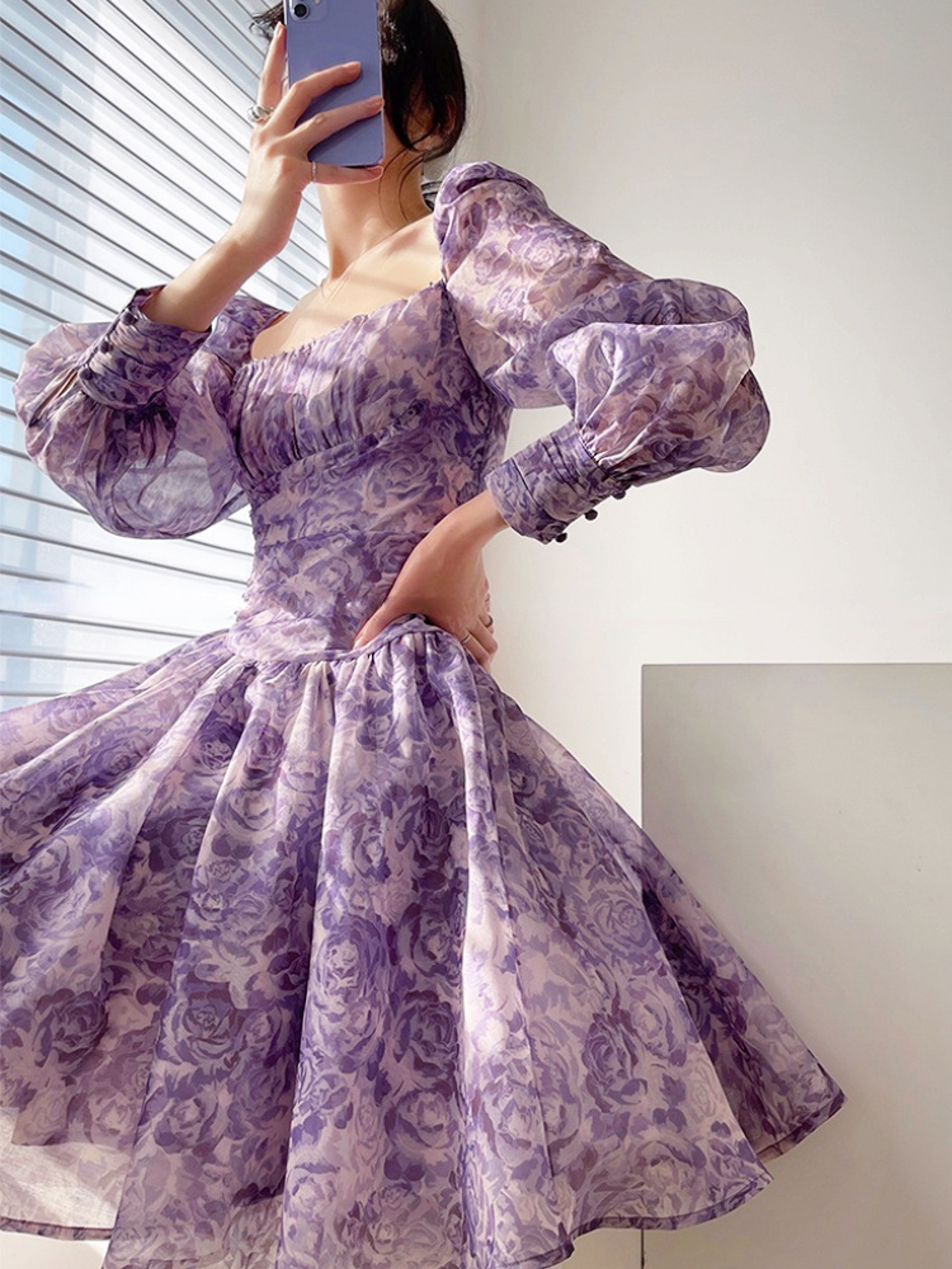 Chiffon Lavender Floral Lantern Sleeve Mini Purple Party Dress