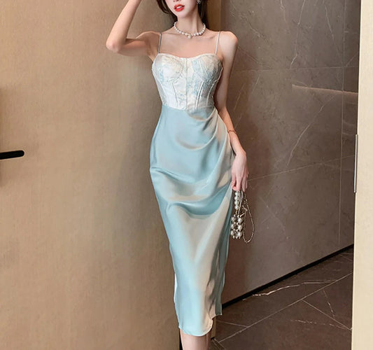 Baby Blue Corset Fishtail Silk Dress