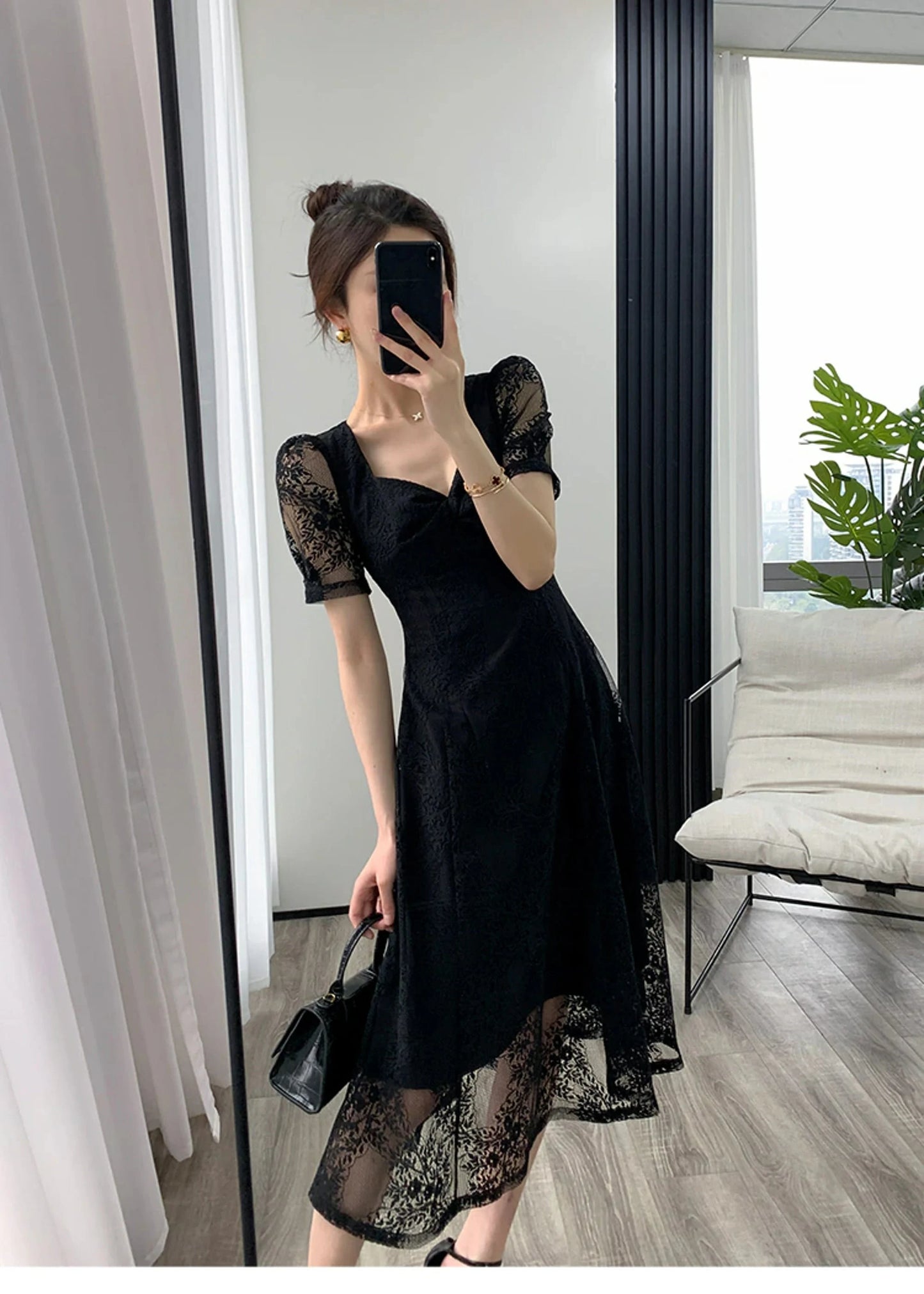 Elegant Midi Black Lace Party Dress