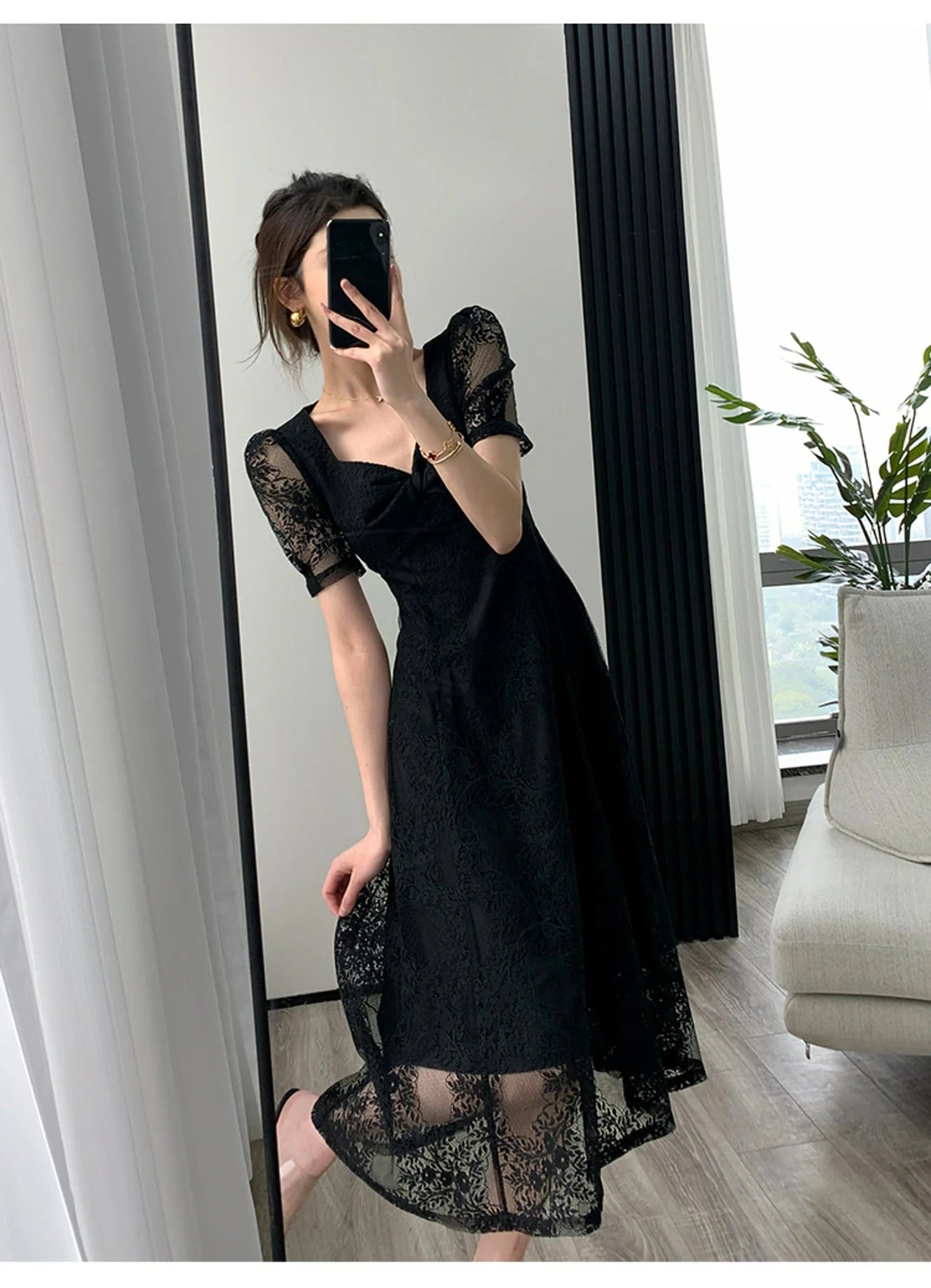 Elegant Midi Black Lace Party Dress