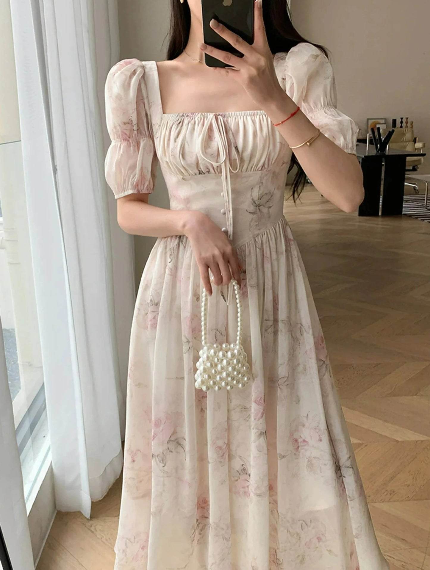 Victorian Style Corset Floral Ankle Length Dress