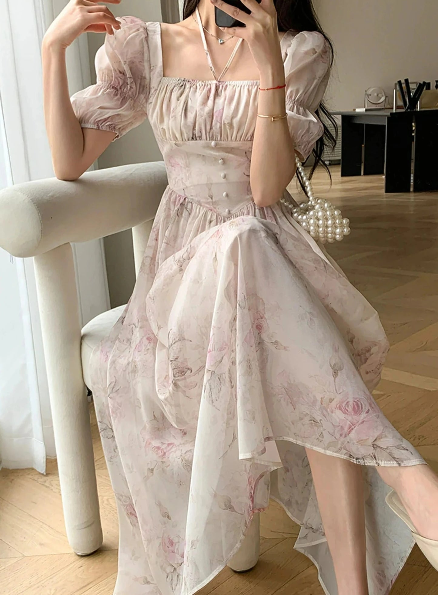 Victorian Style Corset Floral Ankle Length Dress