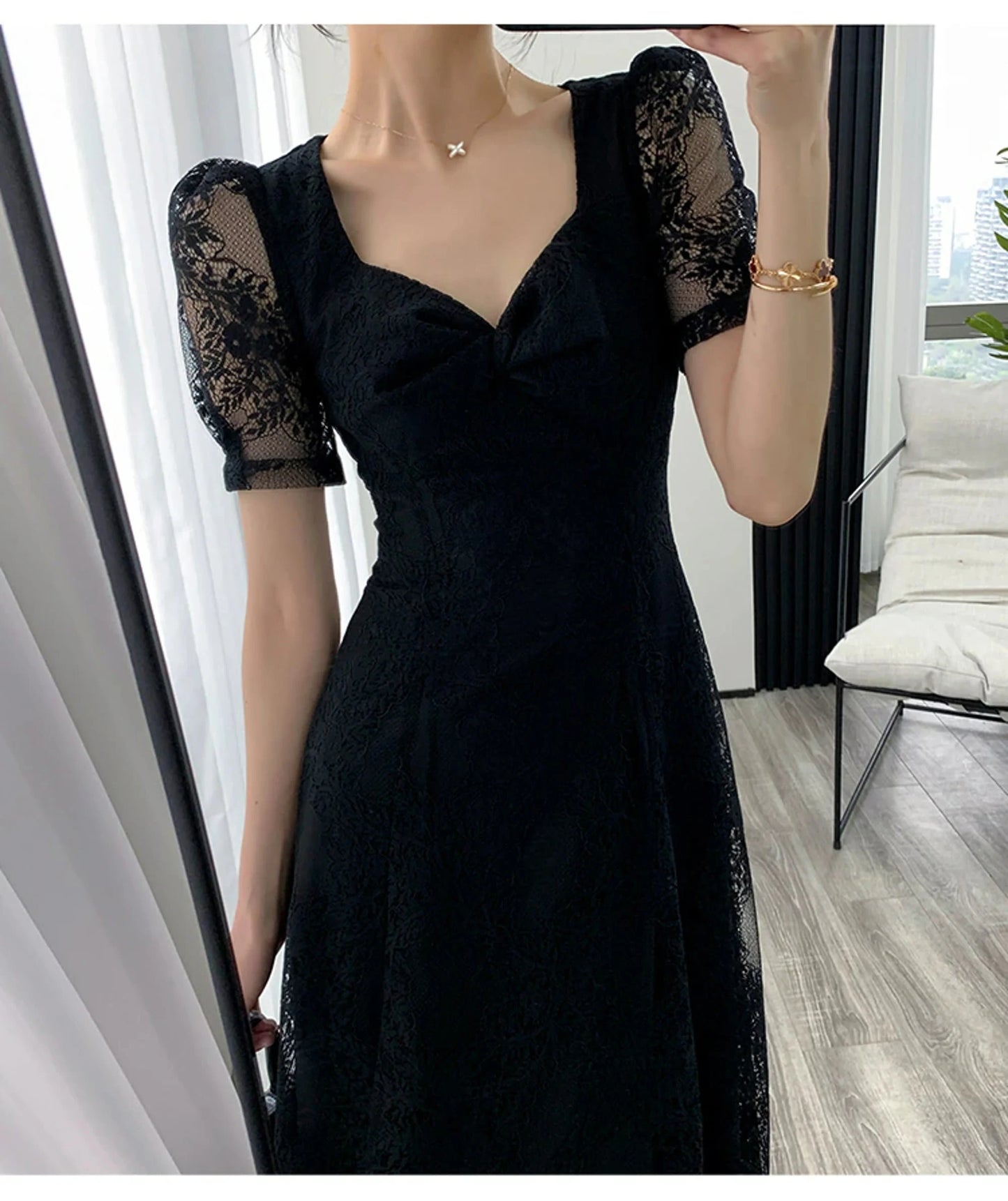 Elegant Midi Black Lace Party Dress