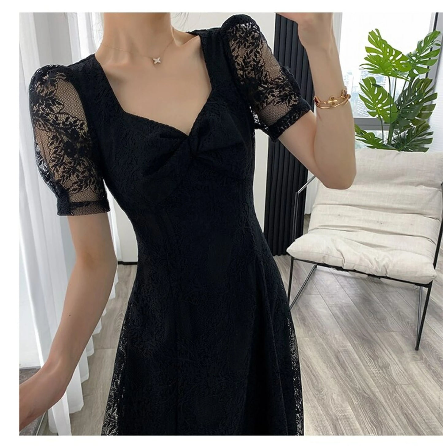 Elegant Midi Black Lace Party Dress