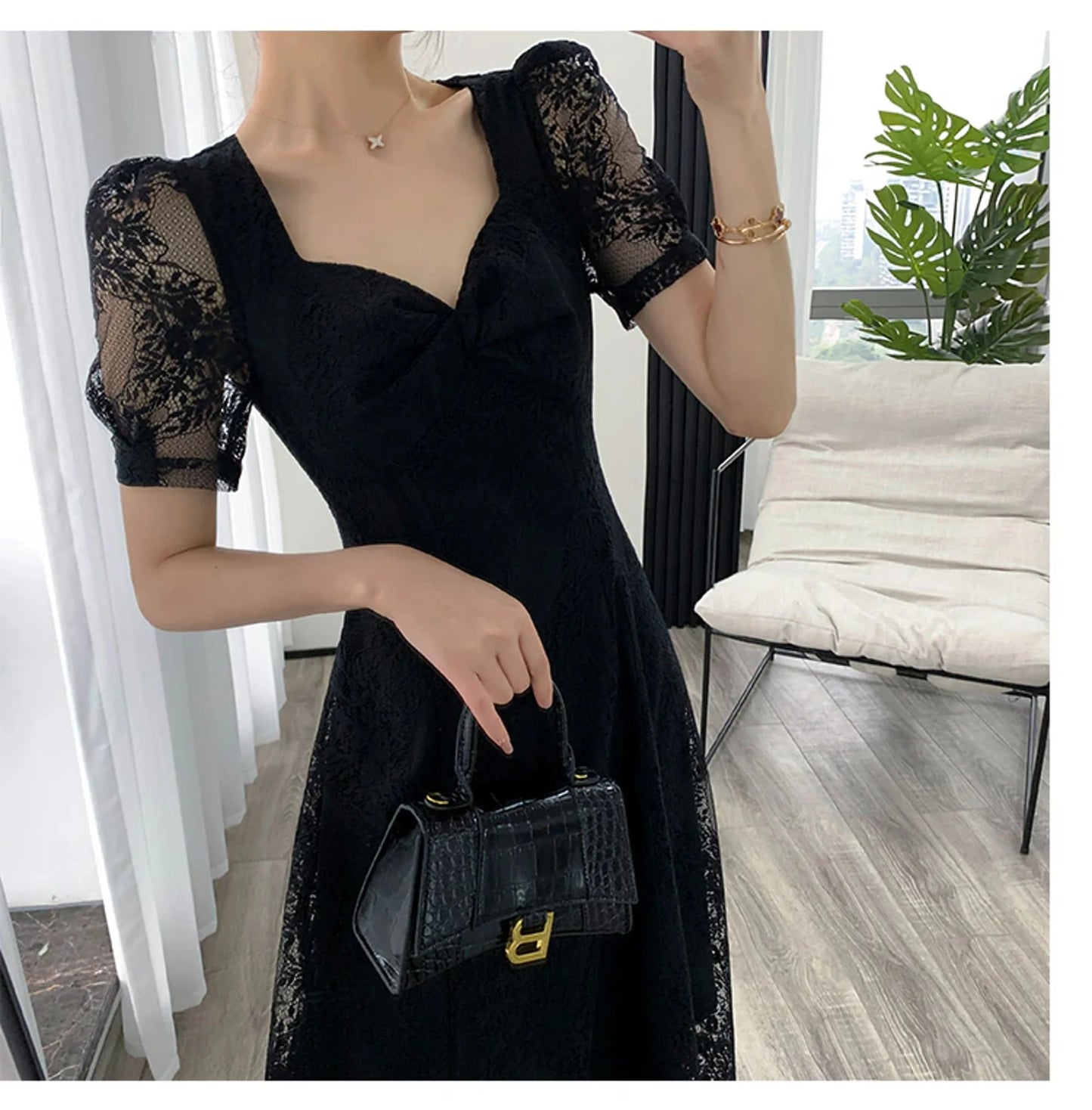 Elegant Midi Black Lace Party Dress