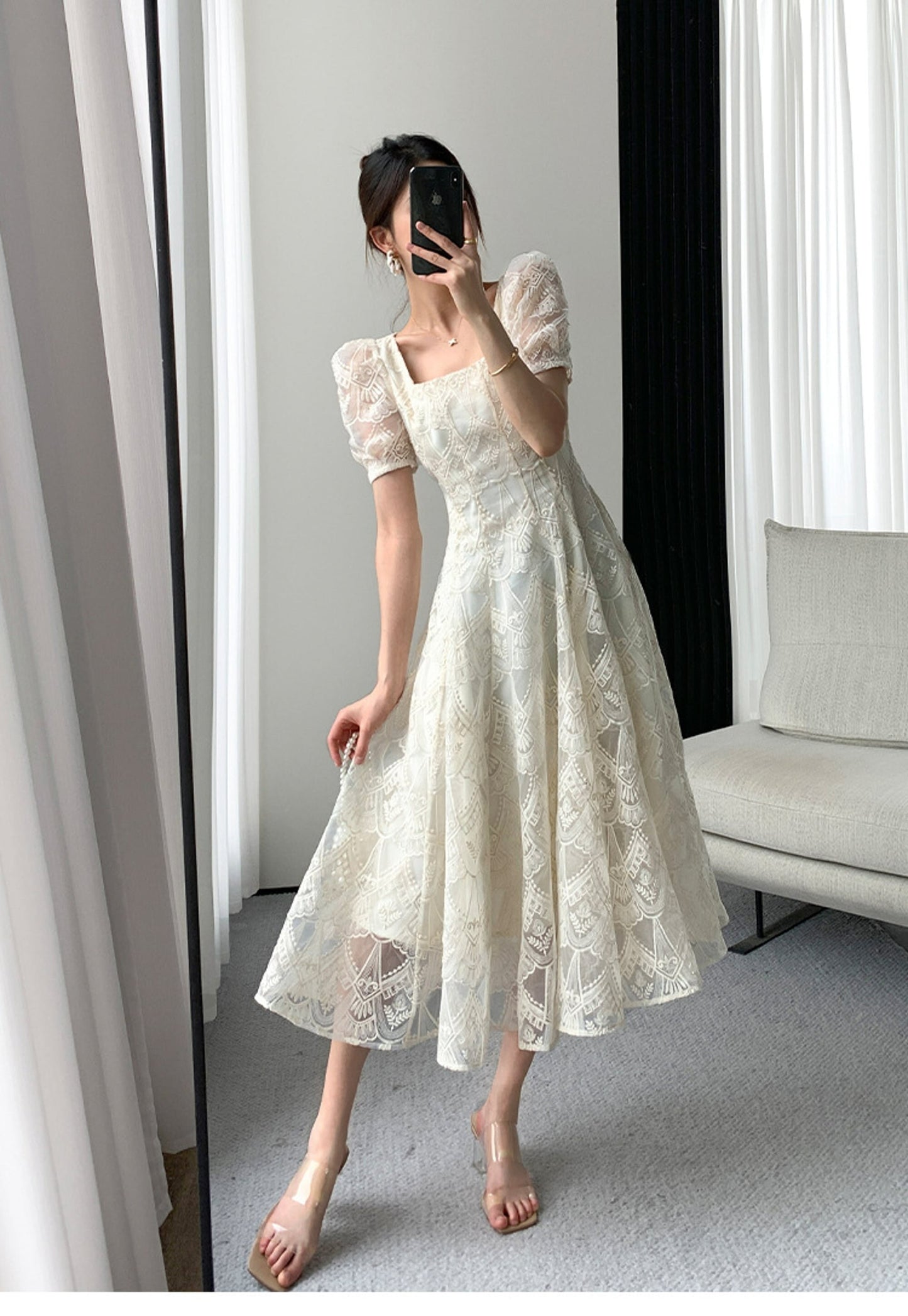 Square Collar Bubble Sleeve French Style Romantic Midi Dress