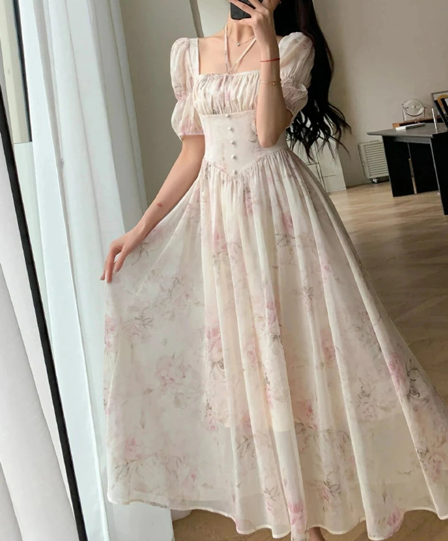 Victorian Style Corset Floral Ankle Length Dress