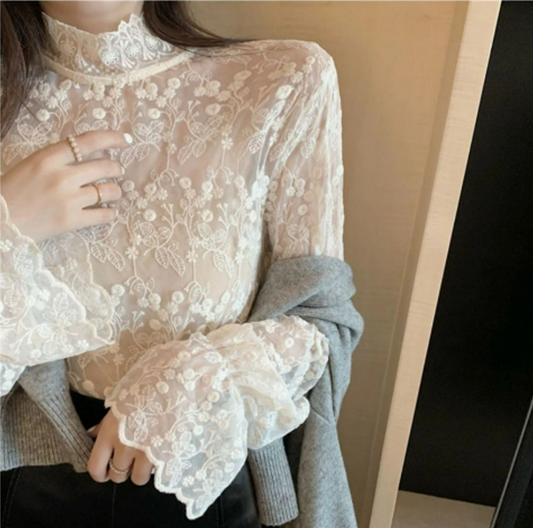 Elegant Turtleneck Floral White Lace Blouse