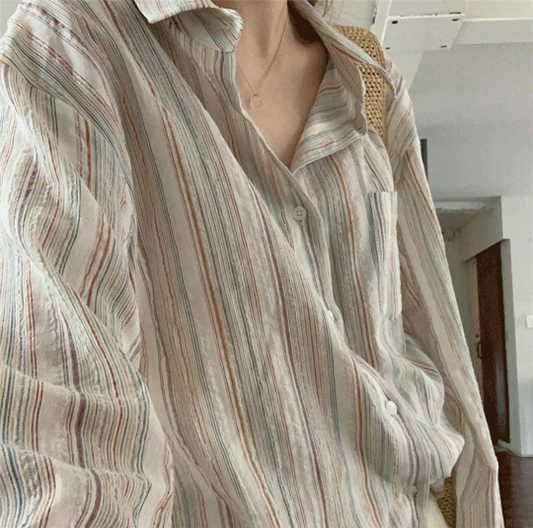 Light Academia Vintage Oversize Unisex Striped Shirt | Minimalist Blouse | Korean Fashion