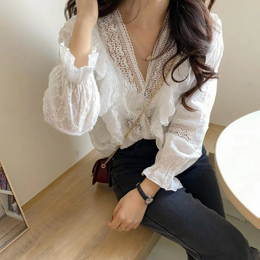 Lace Boho Hippie Floral Ruffle Blouse | Cottagecore Fashion | White Victorian Poet Shirt