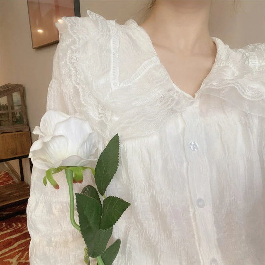 Retro Poet Shirt with Lace Details | Puff Sleeve Doll Collar Chiffon Blouse | Korean Fashion