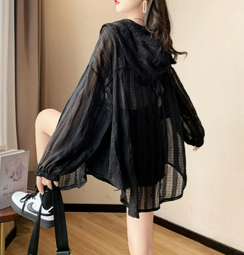 Lantern Sleeve Korean Fashion See Through Harajuku Blouse | Hooded Hollow Out Lace Blouse | Gothic Top