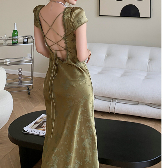 Floral Vintage Satin Backless Green Maxi Dress