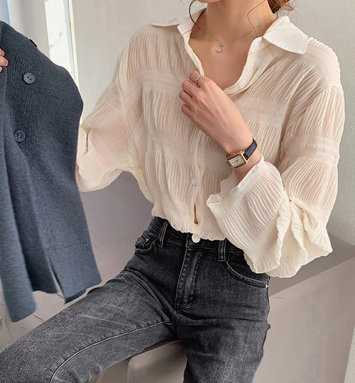 Elegant Vintage Casual Chiffon See-Through Bell Sleeve Blouse