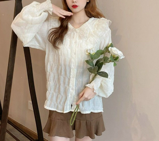 Retro Poet Shirt with Lace Details | Puff Sleeve Doll Collar Chiffon Blouse | Korean Fashion