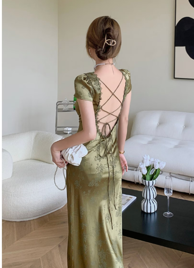 Floral Vintage Satin Backless Green Maxi Dress