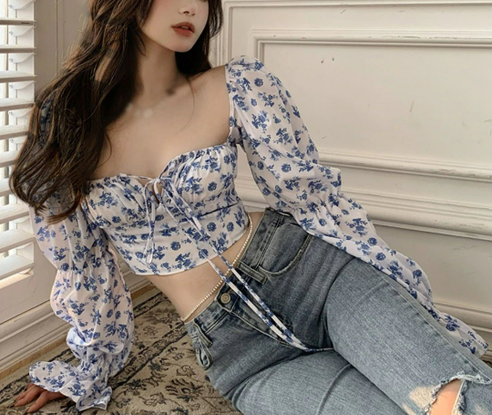 Vintage Puff Sleeve Floral Crop Top