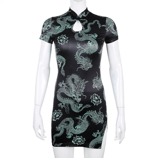 Harajuku Fashion Gothic Dress | Mini Sexy Dragon Printed Mini Bodycon Dress | Vintage Alt Clothing