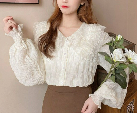 Retro Poet Shirt with Lace Details | Puff Sleeve Doll Collar Chiffon Blouse | Korean Fashion