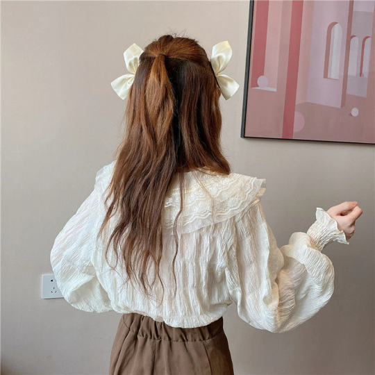 Retro Poet Shirt with Lace Details | Puff Sleeve Doll Collar Chiffon Blouse | Korean Fashion