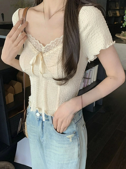 Beige Corset Blouse with Lace and Bow Details