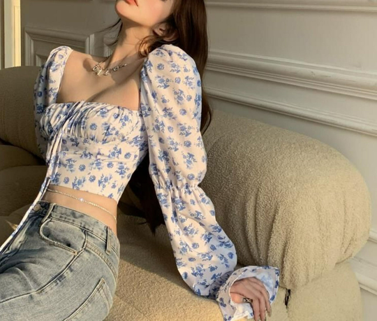 Vintage Puff Sleeve Floral Crop Top