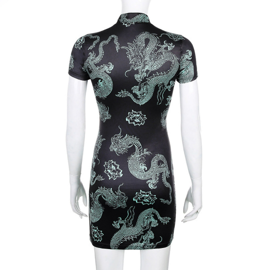 Harajuku Fashion Gothic Dress | Mini Sexy Dragon Printed Mini Bodycon Dress | Vintage Alt Clothing