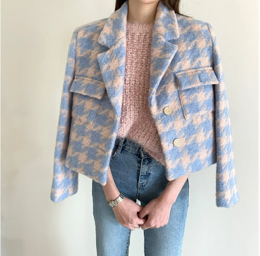 Women's Vintage Cropped Plaid Pattern Blazer | Streetwear Officewear Jacket | Crop Jacket for Fall Spring and Winter | Korean Fashion