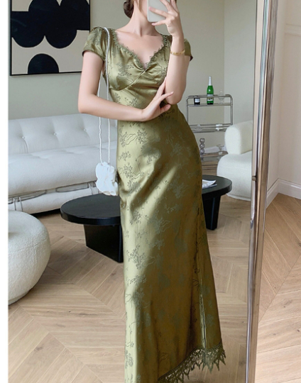 Floral Vintage Satin Backless Green Maxi Dress