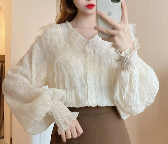 Retro Poet Shirt with Lace Details | Puff Sleeve Doll Collar Chiffon Blouse | Korean Fashion