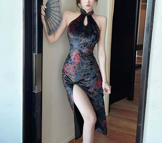 Floral Harajuku Style Halter Velvet Dress