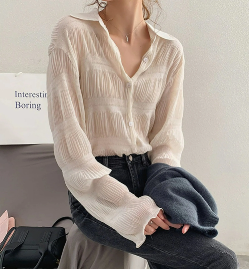 Elegant Vintage Casual Chiffon See-Through Bell Sleeve Blouse