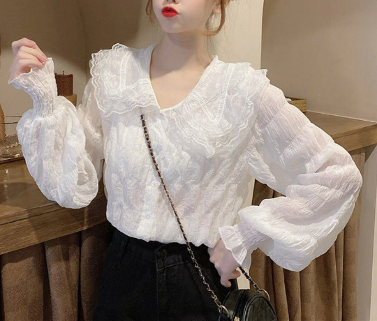 Retro Poet Shirt with Lace Details | Puff Sleeve Doll Collar Chiffon Blouse | Korean Fashion