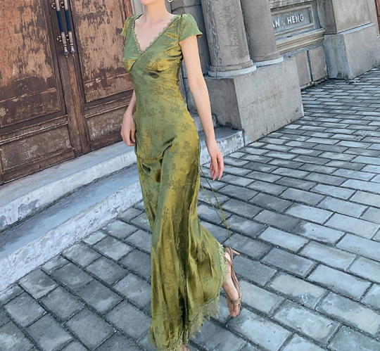 Floral Vintage Satin Backless Green Maxi Dress