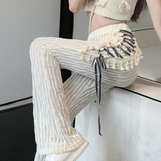 Knitted Y2K Fashion Pants | Hollow Out Splitted Bandage Flared Gothic Trousers | Comfortable Pants