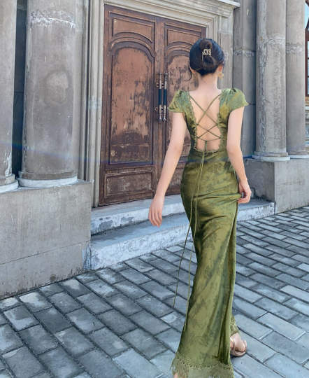 Floral Vintage Satin Backless Green Maxi Dress