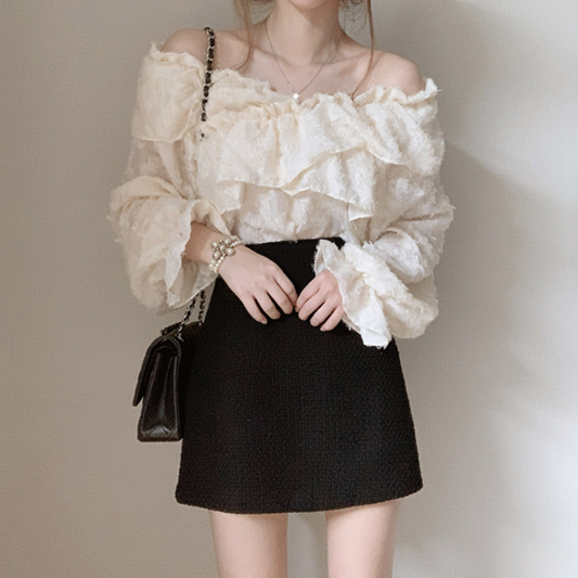 Light Academia Vintage Ruffle Off Shoulder Blouse