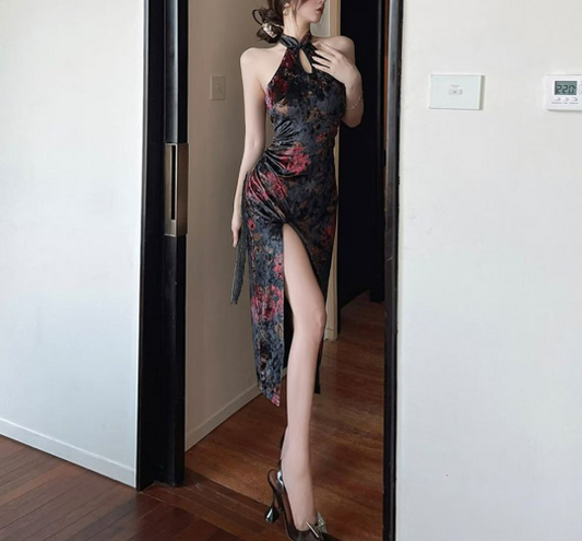 Floral Harajuku Style Halter Velvet Dress