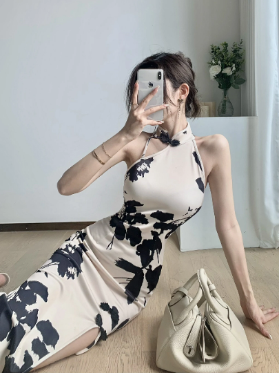 Japanese Style Midi Floral Beige Dress | Bodycon Dress | Aesthetic Clothes