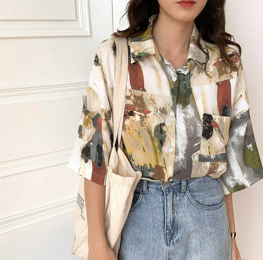 Oil Painting Print Shirt 60s 70s Style | Korean Style Streetwear | Vintage Blouse | Oversize Harajuku Top