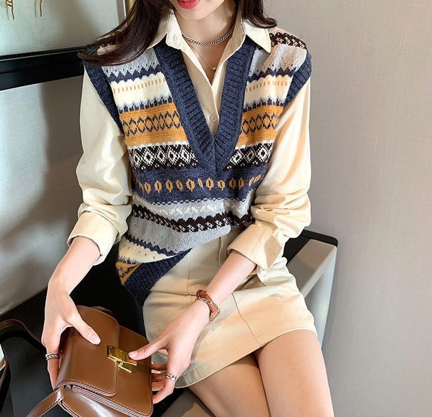 Dark Academia Knitted Vintage V-Neck Sweater Vest Unisex | Easy to Combine | Korean Fashion