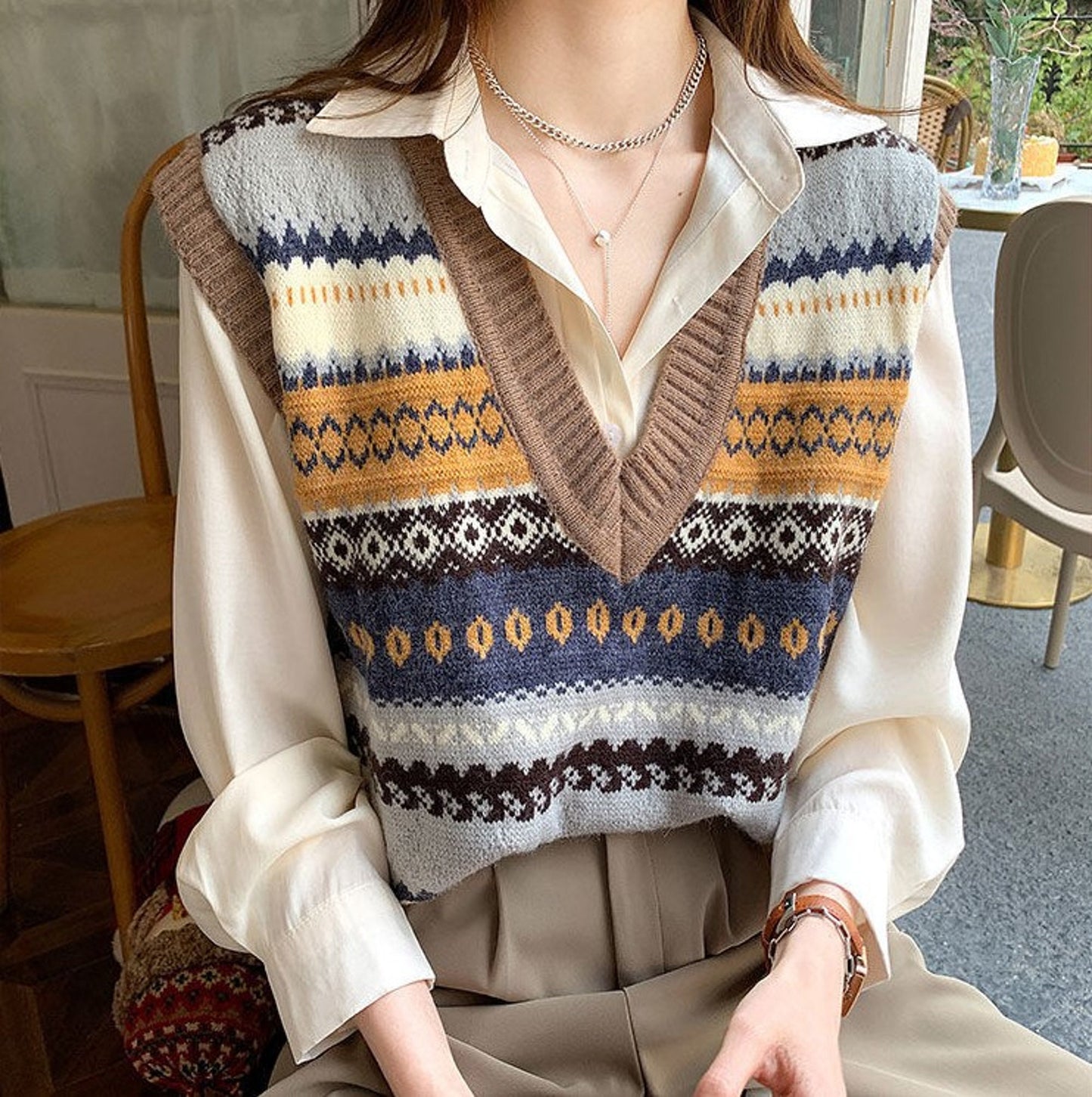Dark Academia Knitted Vintage V-Neck Sweater Vest Unisex | Easy to Combine | Korean Fashion