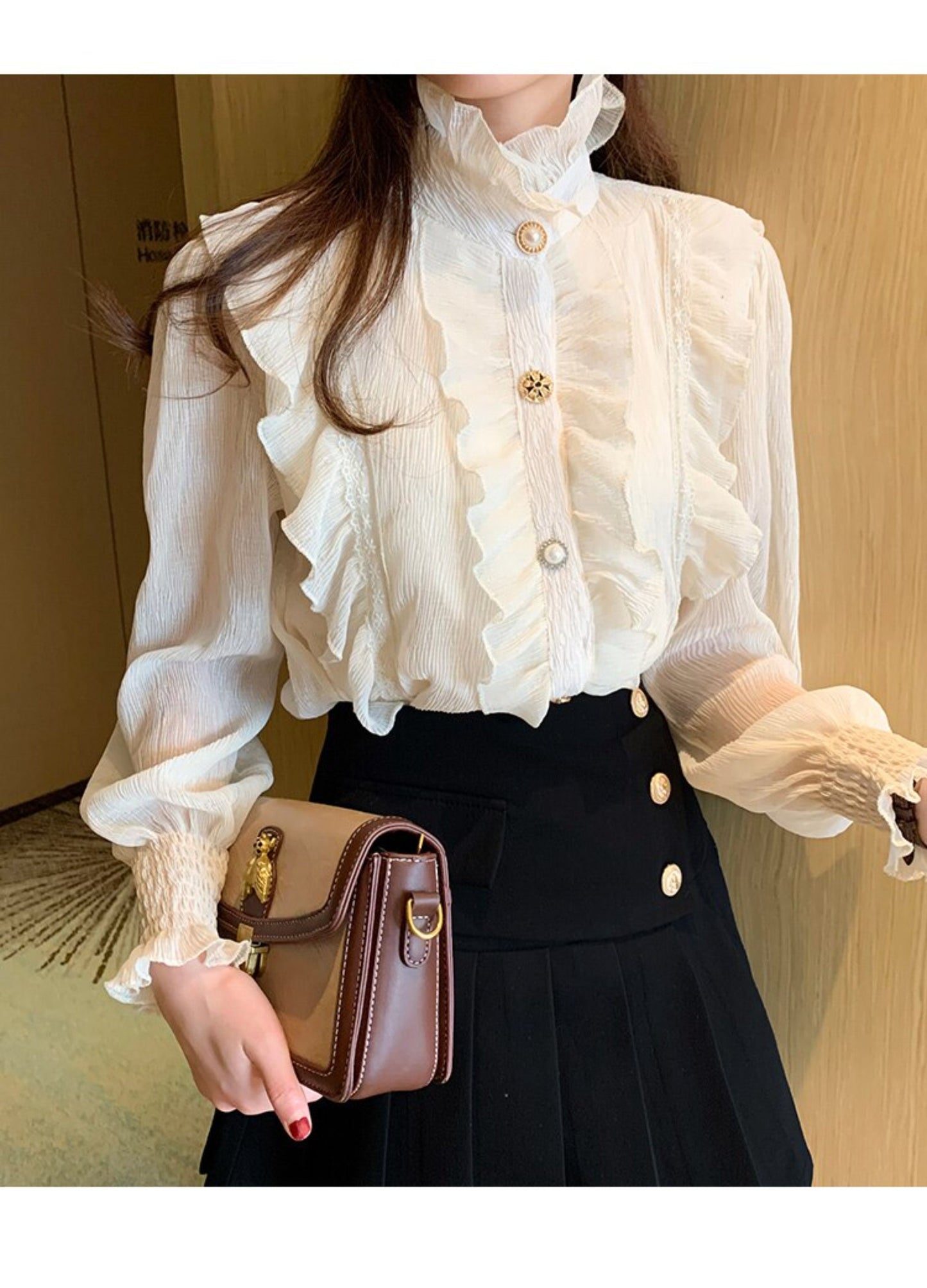 Light Academia Victorian Beige Chiffon Blouse Poet Shirt | Lace Blouse | Vintage Ruffle Turtleneck Blouse | Korean Fashion