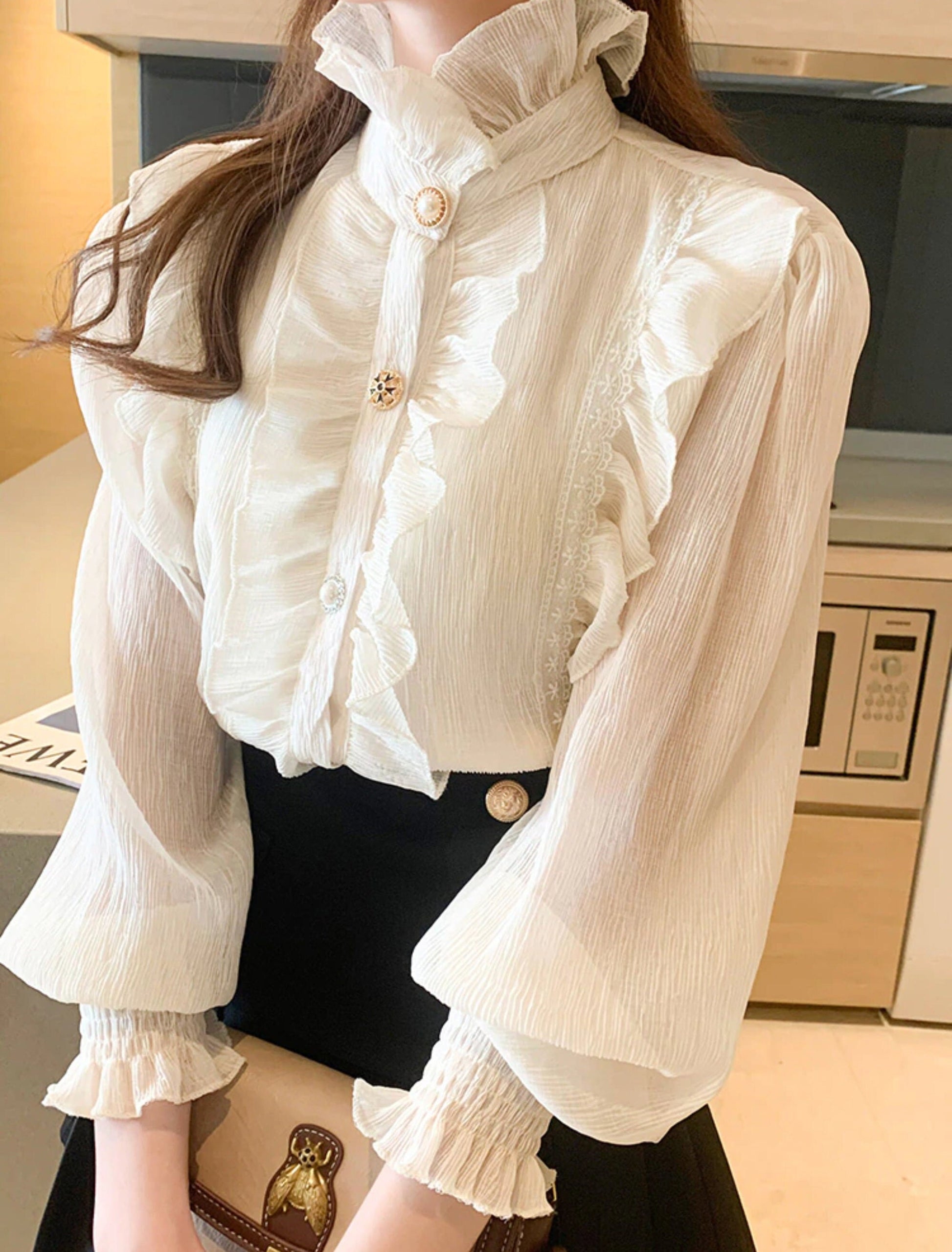 Light Academia Victorian Beige Chiffon Blouse Poet Shirt | Lace Blouse | Vintage Ruffle Turtleneck Blouse | Korean Fashion