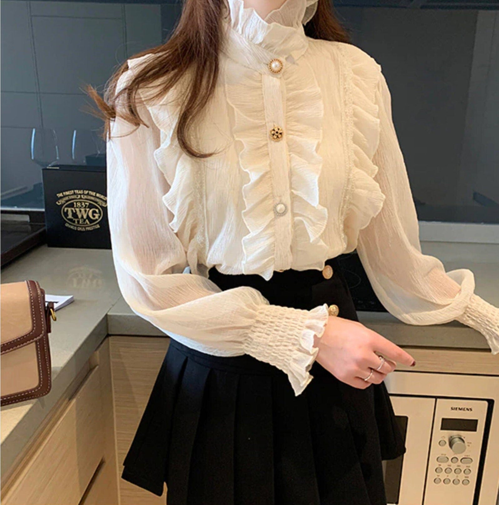 Light Academia Victorian Beige Chiffon Blouse Poet Shirt | Lace Blouse | Vintage Ruffle Turtleneck Blouse | Korean Fashion